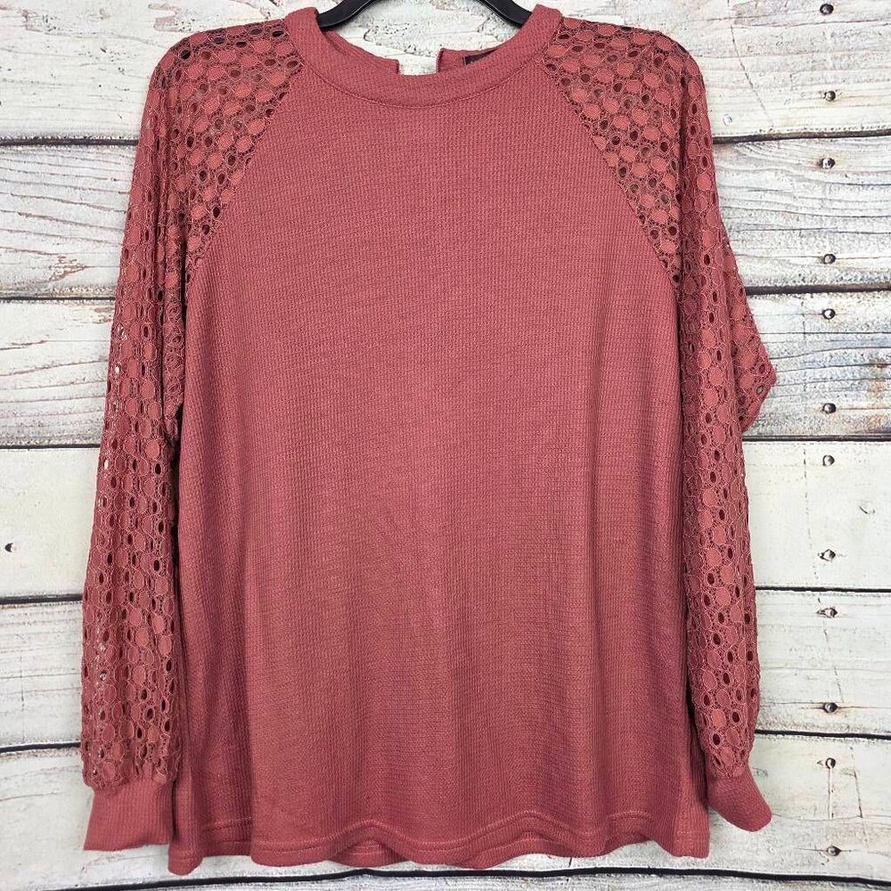 MIHOLL Waffle Knit Lace Sleeve Long Sleeve Top XXL